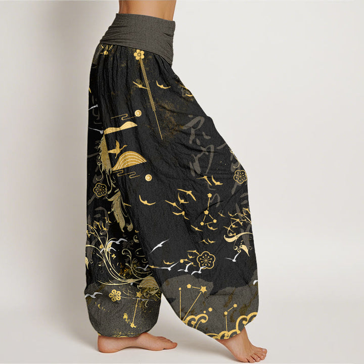 Buddha Stones Casual Phoenix Waves Calligraphy Pattern Women's Elastic Waist Harem Pants