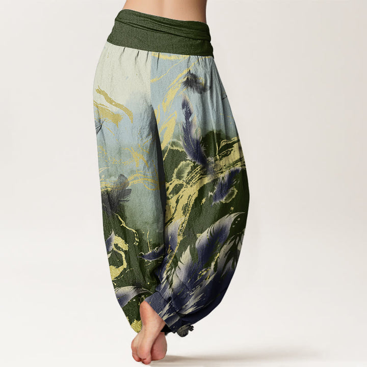 Buddha Stones Casual Floating Feathers Sky Pattern Women's Elastic Waist Harem Pants