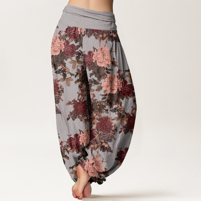 Buddha Stones Casual Lush Peony Flowers Leaf Pattern Women's Elastic Waist Harem Pants - image 6