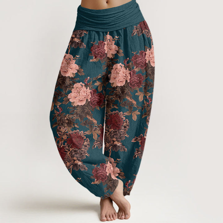 Buddha Stones Casual Lush Peony Flowers Leaf Pattern Women's Elastic Waist Harem Pants - SteelBlue - US22，UK/AU26，EU54 (6XL) - image 8