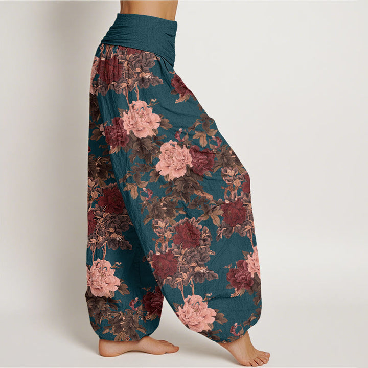 Buddha Stones Casual Lush Peony Flowers Leaf Pattern Women's Elastic Waist Harem Pants - image 9
