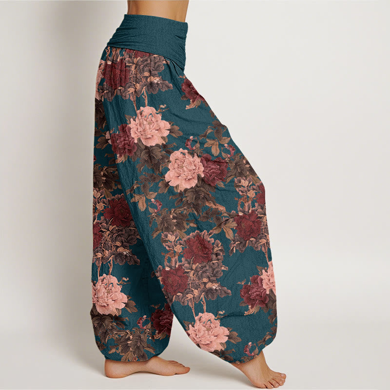 Buddha Stones Cotton Casual Lush Peony Flowers Leaf Pattern Women's Elastic Waist Harem Pants - image 8