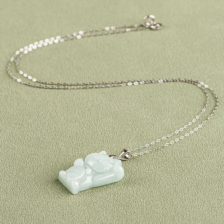 Buddha Stones 925 Sterling Silver Jade Fortune Cat Prosperity Necklace Pendant