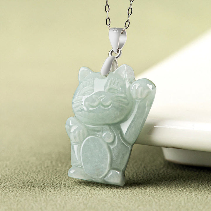 Buddha Stones 925 Sterling Silver Jade Fortune Cat Prosperity Necklace Pendant