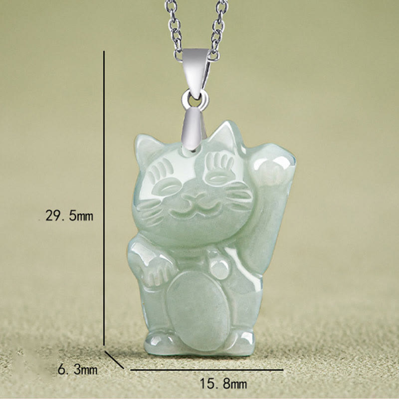 Buddha Stones 925 Sterling Silver Jade Fortune Cat Prosperity Necklace Pendant