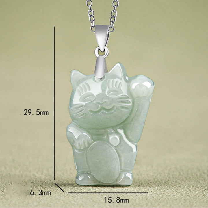 Buddha Stones 925 Sterling Silver Jade Fortune Cat Prosperity Necklace Pendant