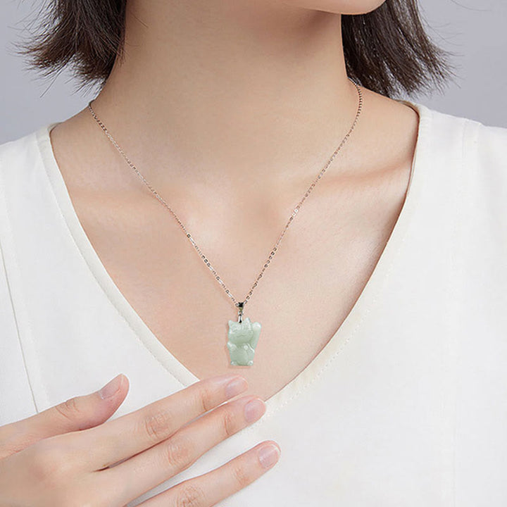 Buddha Stones 925 Sterling Silver Jade Fortune Cat Prosperity Necklace Pendant