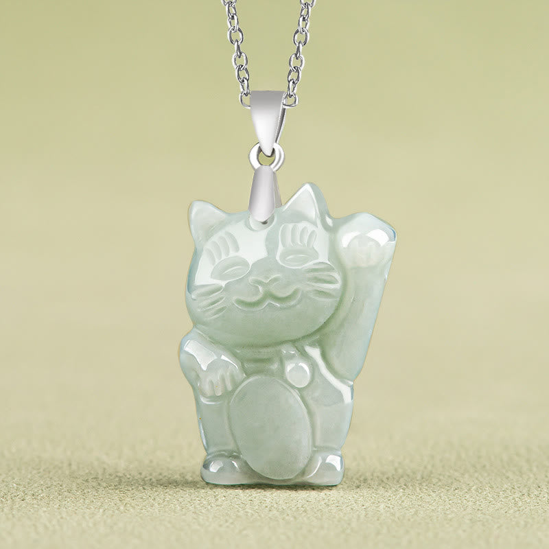 Buddha Stones 925 Sterling Silver Jade Fortune Cat Prosperity Necklace Pendant - Jade - image 1
