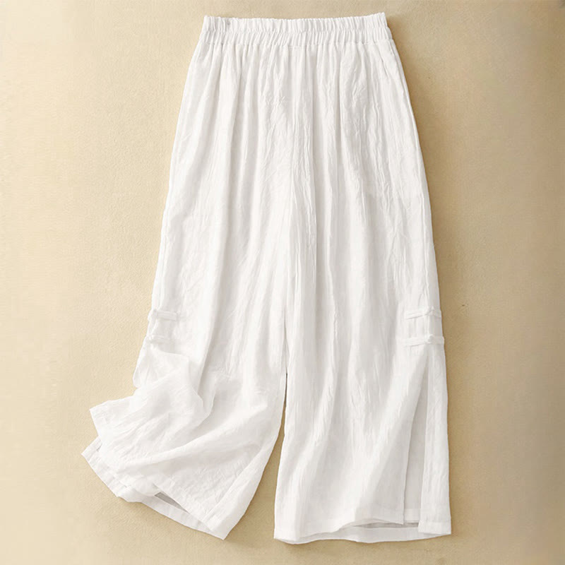 Buddha Stones Casual Plain Color Chinese Frog Button Cotton Linen Women's Wide Leg Pants - White - US8-10，UK/AU12-14，EU40-42 (2XL) - image 3