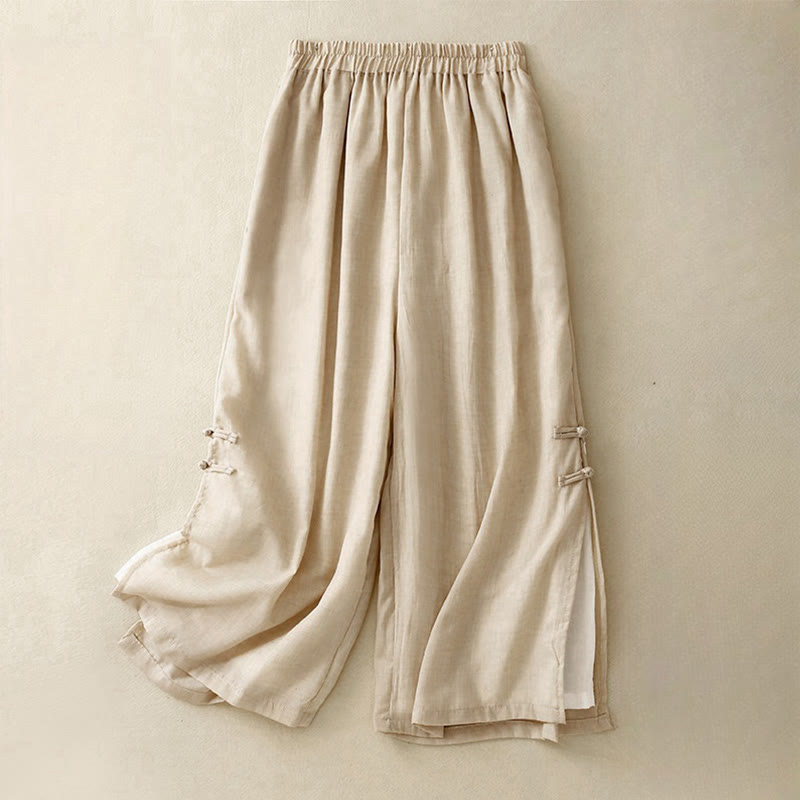 Buddha Stones Casual Plain Color Chinese Frog Button Cotton Linen Women's Wide Leg Pants - LemonChiffon - US8-10，UK/AU12-14，EU40-42 (2XL) - image 10