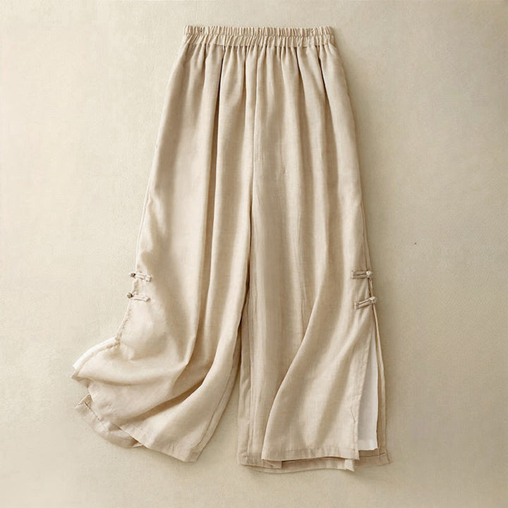 Buddha Stones Casual Plain Color Chinese Frog Button Cotton Linen Women's Wide Leg Pants - LemonChiffon - US8-10，UK/AU12-14，EU40-42 (2XL) - image 10