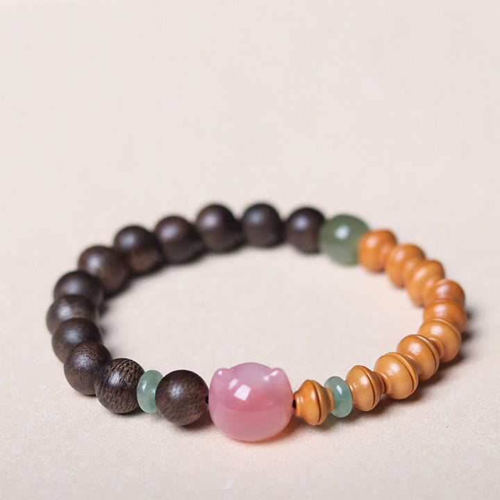 Buddha Stones 6mm Qinan Agarwood Olive Pit Yanyuan Agate Cat Shape Balance Bracelet
