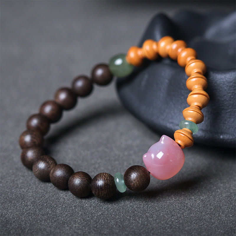 Buddha Stones 6mm Qinan Agarwood Olive Pit Yanyuan Agate Cat Shape Balance Bracelet