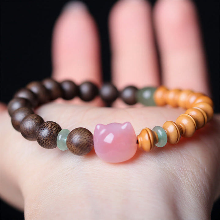 Buddha Stones 6mm Qinan Agarwood Olive Pit Yanyuan Agate Cat Shape Balance Bracelet