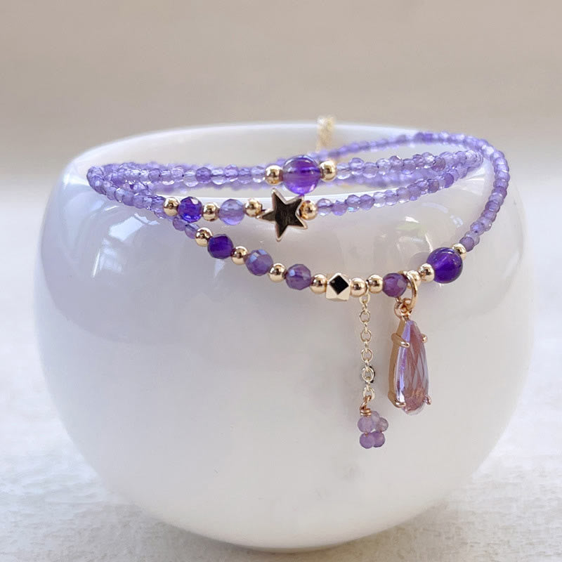 Buddha Stones Natural Amethyst Water Drop Star Meditation Triple Wrap Bracelet