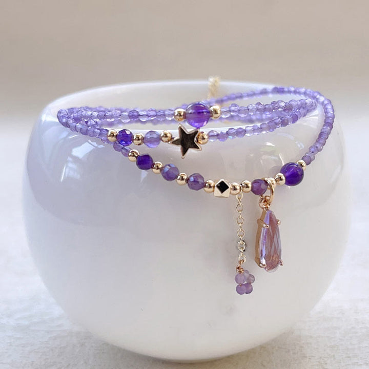 Buddha Stones Natural Amethyst Water Drop Star Meditation Triple Wrap Bracelet