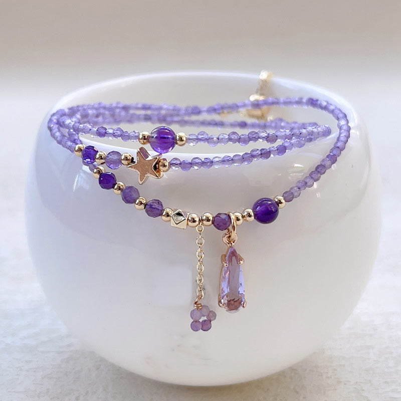 Buddha Stones Natural Amethyst Water Drop Star Meditation Triple Wrap Bracelet