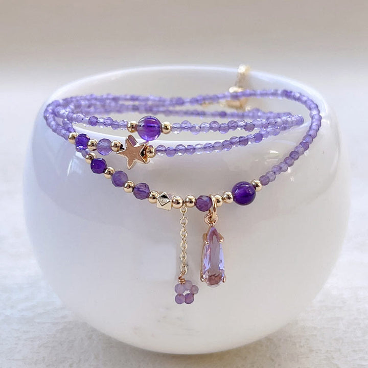 Buddha Stones Natural Amethyst Water Drop Star Meditation Triple Wrap Bracelet