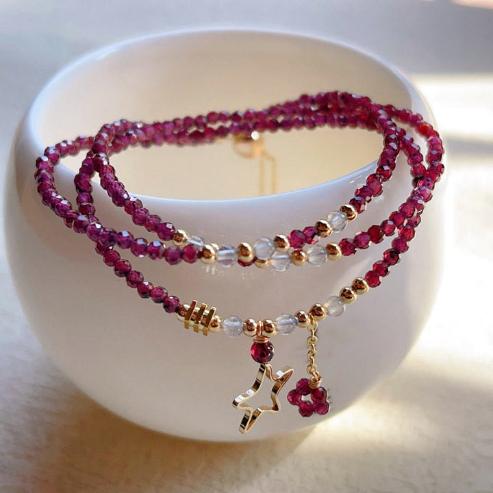 Buddha Stones Small Natural Garnet 14k Gold Plated Copper Passion Triple Wrap Bracelet