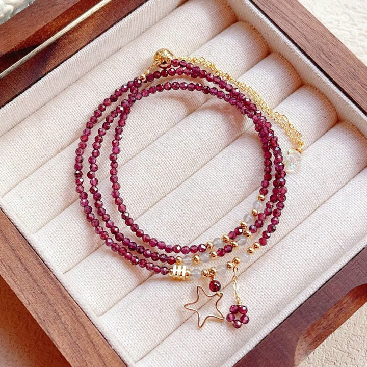 Buddha Stones Small Natural Garnet 14k Gold Plated Copper Passion Triple Wrap Bracelet