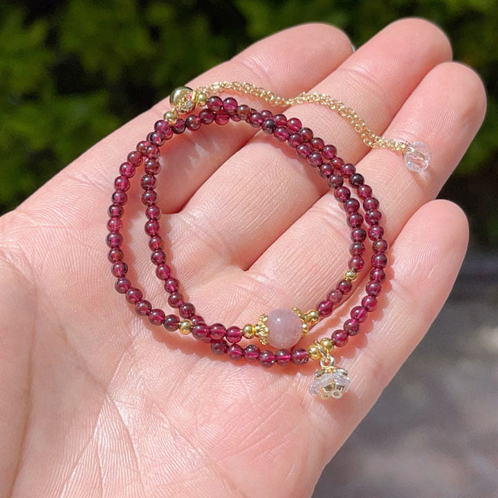 Buddha Stones Natural Flower Garnet Pink Crystal Calm Double Wrap Bracelet