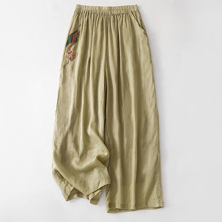 Buddha Stones Summer Embroidery Double Layer Cotton Linen Women's Wide Leg Pants With Pockets - DarkKhaki - US8-10，UK/AU12-14，EU40-42 (2XL) - image 0