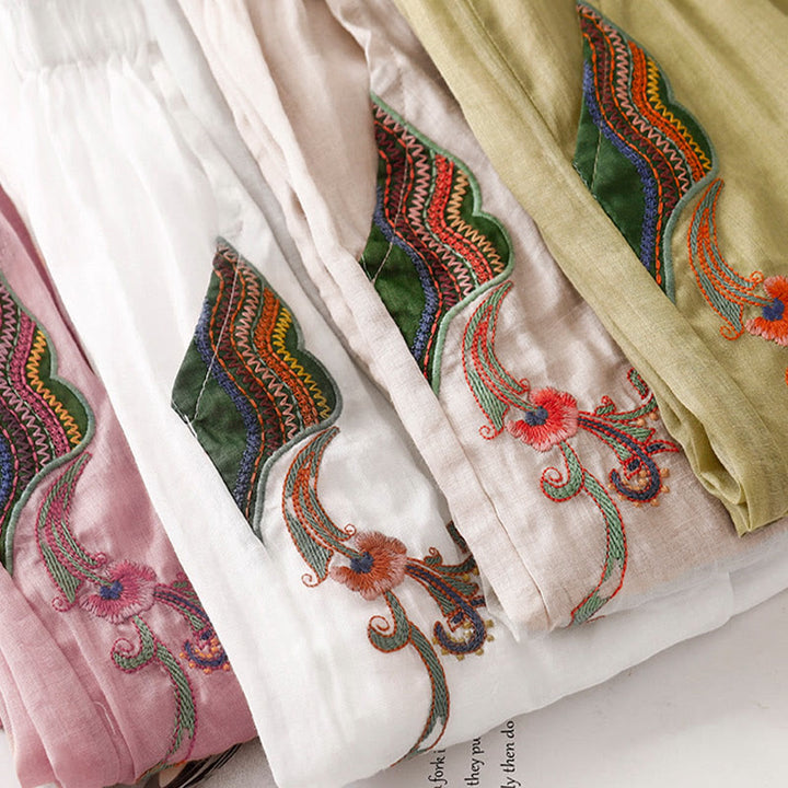 Buddha Stones Summer Embroidery Double Layer Cotton Linen Women's Wide Leg Pants With Pockets - image 32