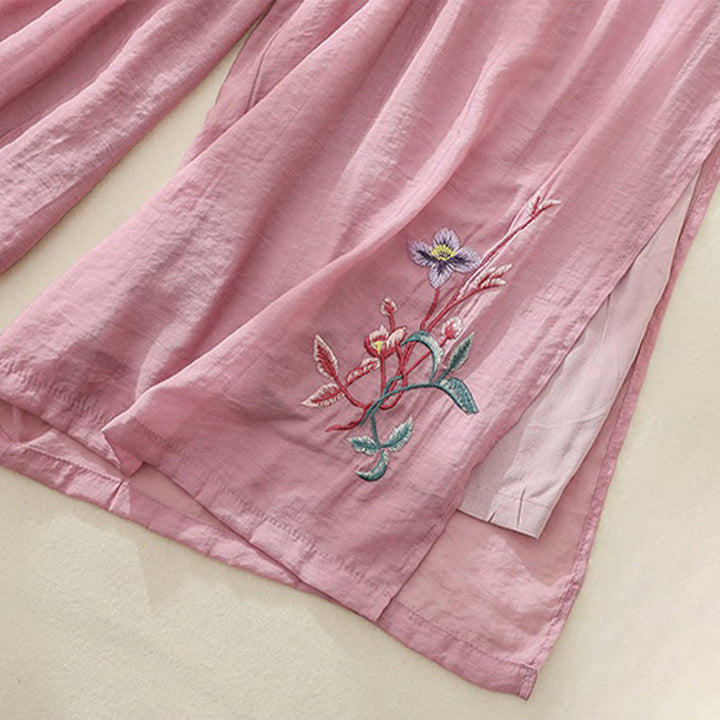 Buddha Stones Artistic Embroidery Flower Double Layer Chinese Frog Button Split Cotton Linen Women's Wide Leg Pants