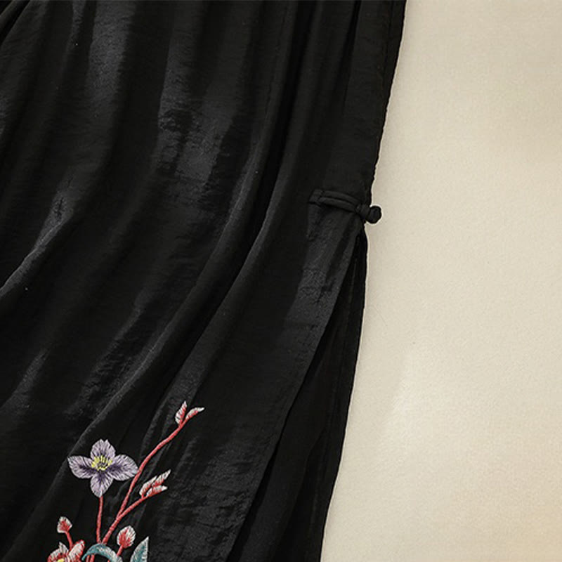 Buddha Stones Artistic Embroidery Flower Double Layer Chinese Frog Button Split Cotton Linen Women's Wide Leg Pants