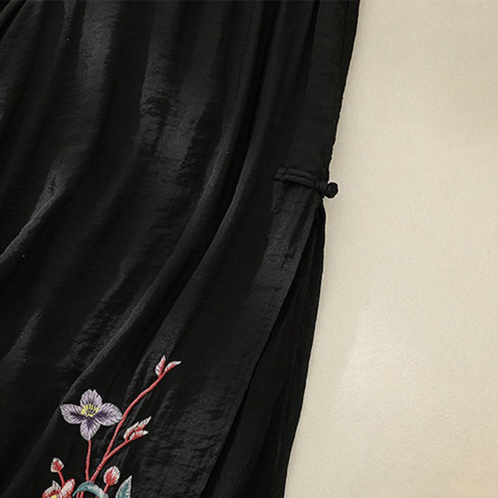 Buddha Stones Artistic Embroidery Flower Double Layer Chinese Frog Button Split Cotton Linen Women's Wide Leg Pants