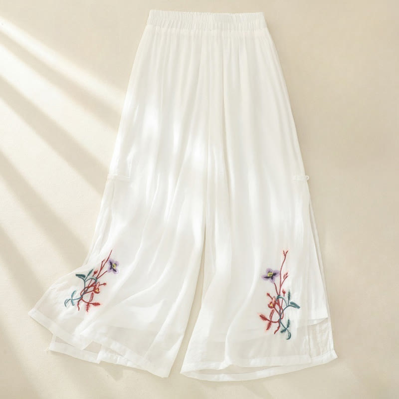 Buddha Stones Artistic Embroidery Flower Double Layer Chinese Frog Button Split Cotton Linen Women's Wide Leg Pants - White - US8-10，UK/AU12-14，EU40-42 (2XL) - image 3