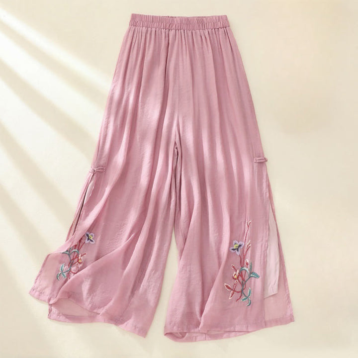 Buddha Stones Artistic Embroidery Flower Double Layer Chinese Frog Button Split Cotton Linen Women's Wide Leg Pants
