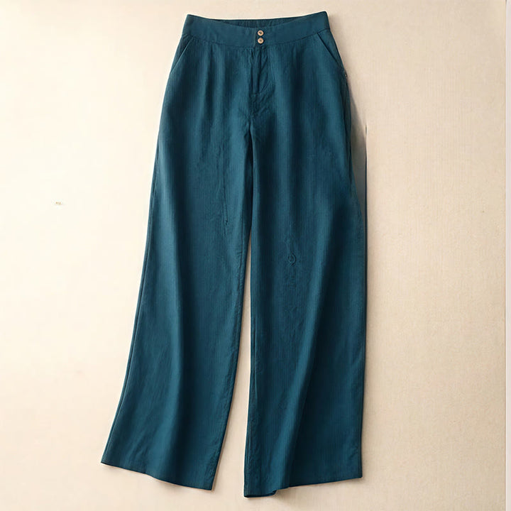 Buddha Stones Summer Casual Simple Design Linen Women's Wide Leg Pants With Zipper Pockets - Teal - US8-10，UK/AU12-14，EU40-42 (2XL) - image 0