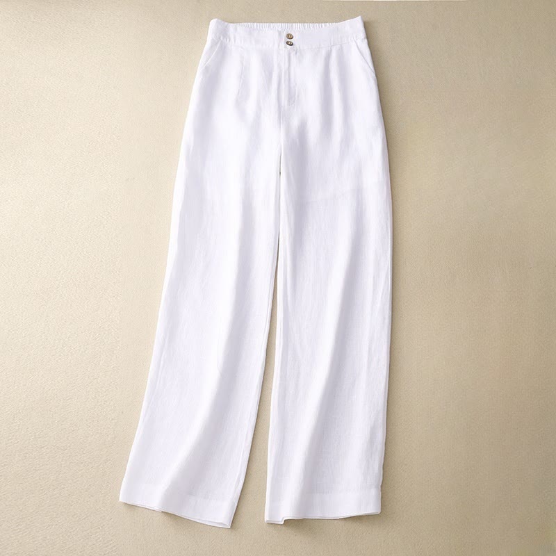 Buddha Stones Summer Casual Simple Design Linen Women's Wide Leg Pants With Zipper Pockets - White - US8-10，UK/AU12-14，EU40-42 (2XL) - image 6