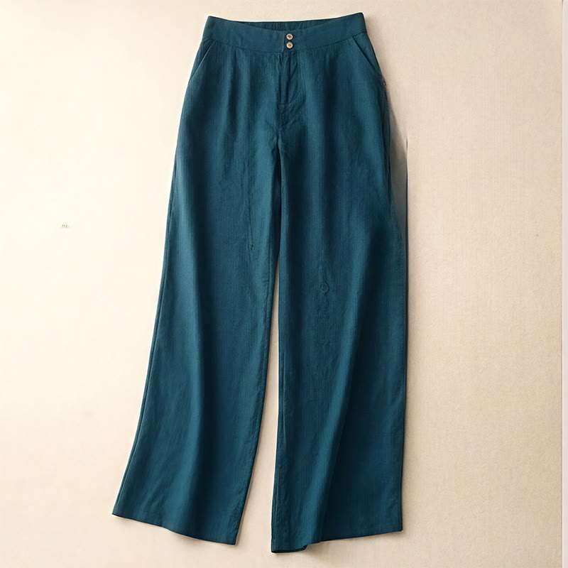 Buddha Stones Summer Casual Simple Design Linen Women's Wide Leg Pants With Zipper Pockets - Teal - US8-10，UK/AU12-14，EU40-42 (2XL) - image 1