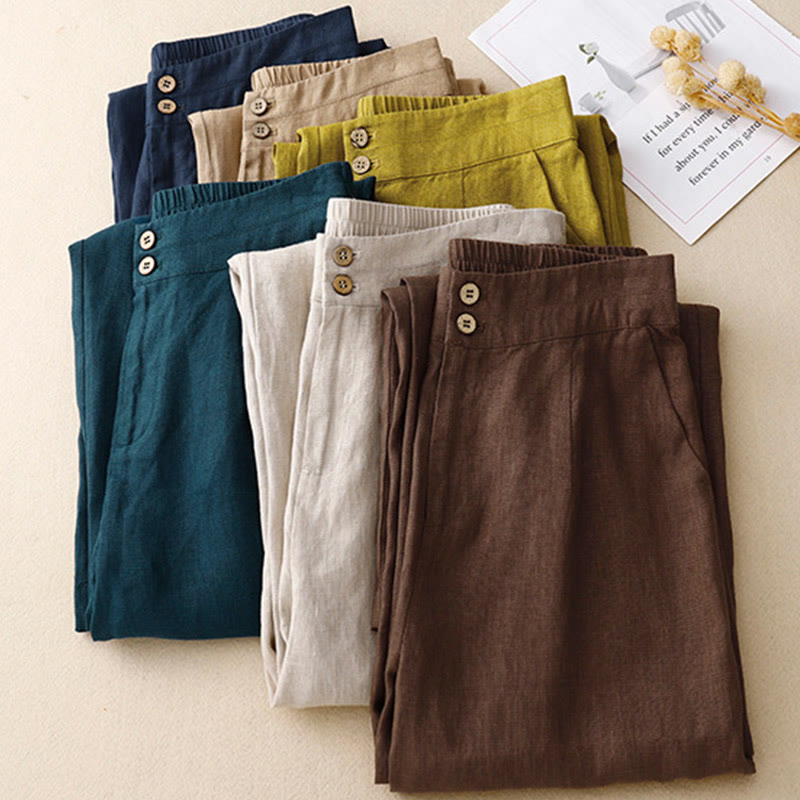 Buddha Stones Summer Casual Simple Zipper Design Linen Women's Wide Leg Pants With Pockets - image 66