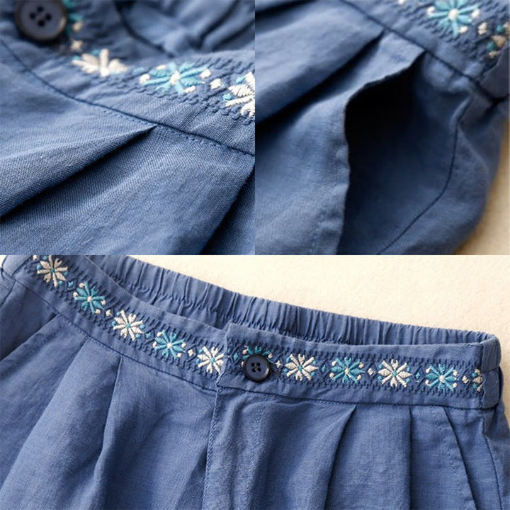 Buddha Stones Summer Casual Embroidery Flower Pleated Zipper Button Polyester Women's Shorts With Pockets - image 3