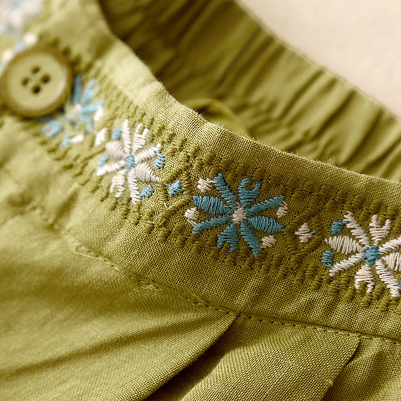 Buddha Stones Summer Casual Embroidery Flower Pleated Zipper Button Polyester Women's Shorts With Pockets - image 5