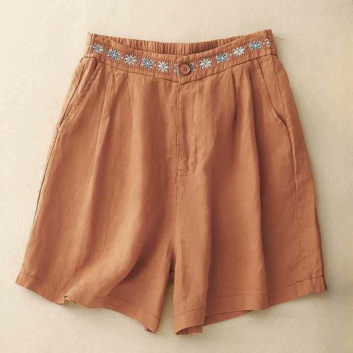 Buddha Stones Summer Casual Embroidery Flower Pleated Zipper Button Cotton Linen Women's Shorts With Pockets - Coral - US8-10，UK/AU12-14，EU40-42 (2XL) - image 12