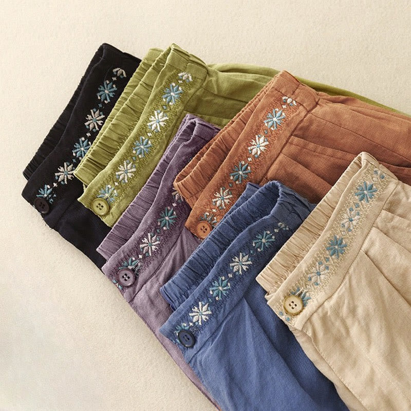 Buddha Stones Summer Casual Embroidery Flower Pleated Zipper Button Polyester Women's Shorts With Pockets - image 28