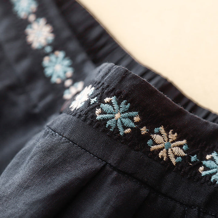 Buddha Stones Summer Casual Embroidery Flower Pleated Zipper Button Polyester Women's Shorts With Pockets - image 18