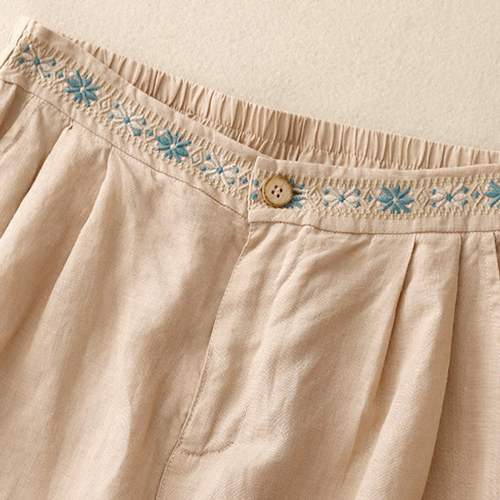 Buddha Stones Summer Casual Embroidery Flower Pleated Zipper Button Polyester Women's Shorts With Pockets - image 23