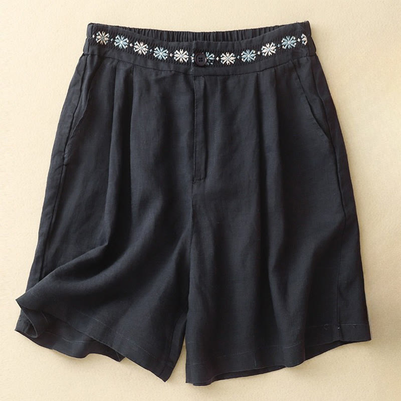 Buddha Stones Summer Casual Embroidery Flower Pleated Zipper Button Cotton Linen Women's Shorts With Pockets - Black - US8-10，UK/AU12-14，EU40-42 (2XL) - image 17