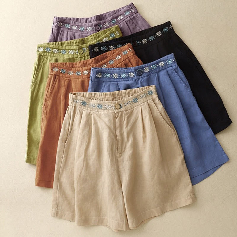 Buddha Stones Summer Casual Embroidery Flower Pleated Zipper Button Cotton Linen Women's Shorts With Pockets - image 27