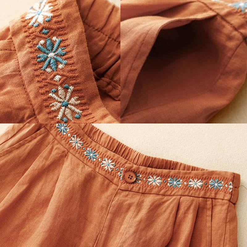 Buddha Stones Summer Casual Embroidery Flower Pleated Zipper Button Polyester Women's Shorts With Pockets - image 15