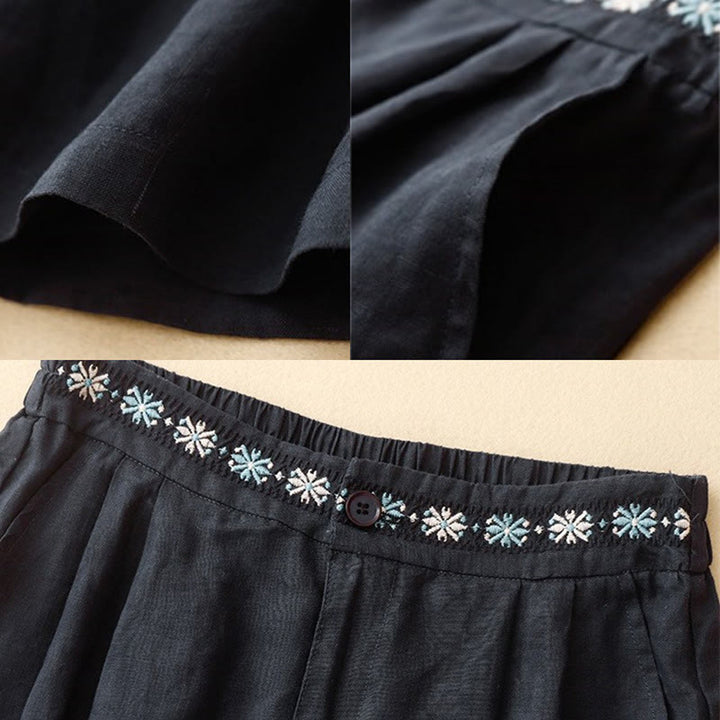 Buddha Stones Summer Casual Embroidery Flower Pleated Zipper Button Polyester Women's Shorts With Pockets - image 20