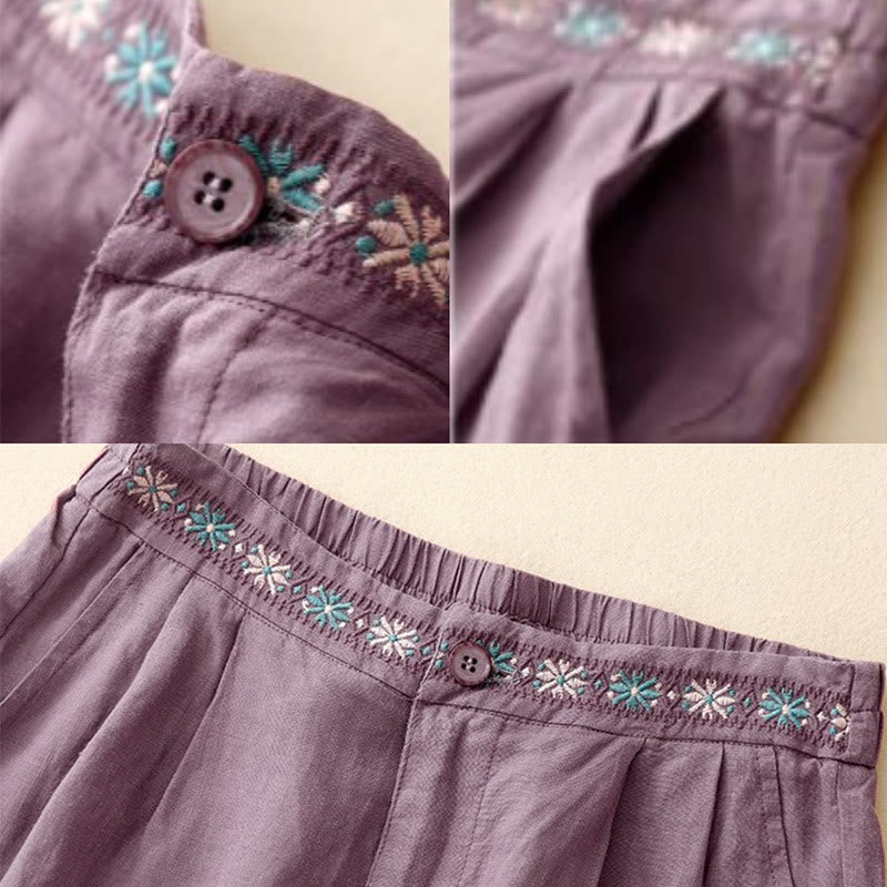 Buddha Stones Summer Casual Embroidery Flower Pleated Zipper Button Polyester Women's Shorts With Pockets - image 11