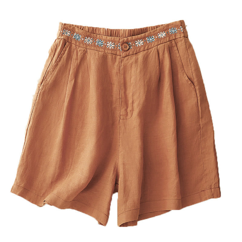 Buddha Stones Summer Casual Embroidery Flower Pleated Zipper Button Polyester Women's Shorts With Pockets - image 16
