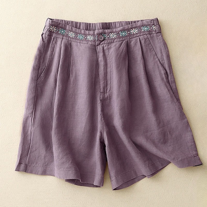 Buddha Stones Summer Casual Embroidery Flower Pleated Zipper Button Polyester Women's Shorts With Pockets - MediumPurple - US8-10，UK/AU12-14，EU40-42 (2XL) - image 8