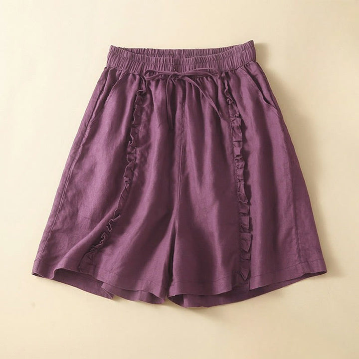 Buddha Stones Fungus Edge Design Drawstring Cotton Linen Women's Shorts With Pockets